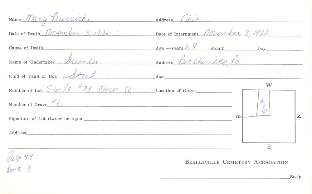 Mary Burcicki Burial card